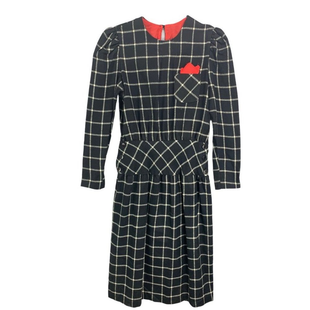 11/12 Prince David 1980s Business Wear Black White Winter Dress Red Pocket Squar